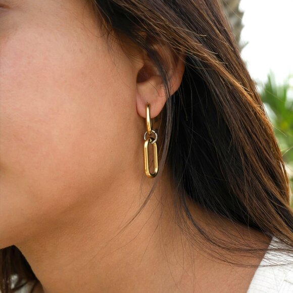 Mixed Metal Huggie Earrings | 18K Gold PVD & Silver | Waterproof Hypoallergenic - Picture 3 of 6